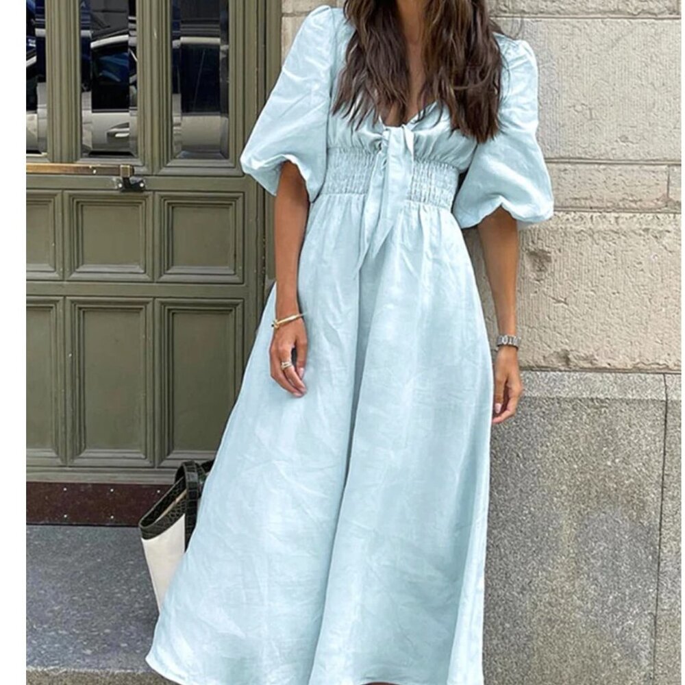 COMMENSE LINEN TIE FRONT DRESS MIDI BLUE SIZE L NWT